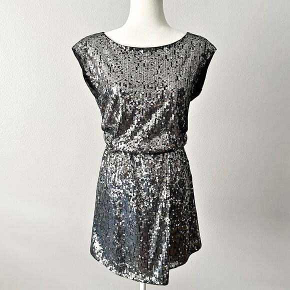 Elie Tahari Silver Sequin Black Mesh Mini Blouson Dress women’s size small - Picture 1 of 14